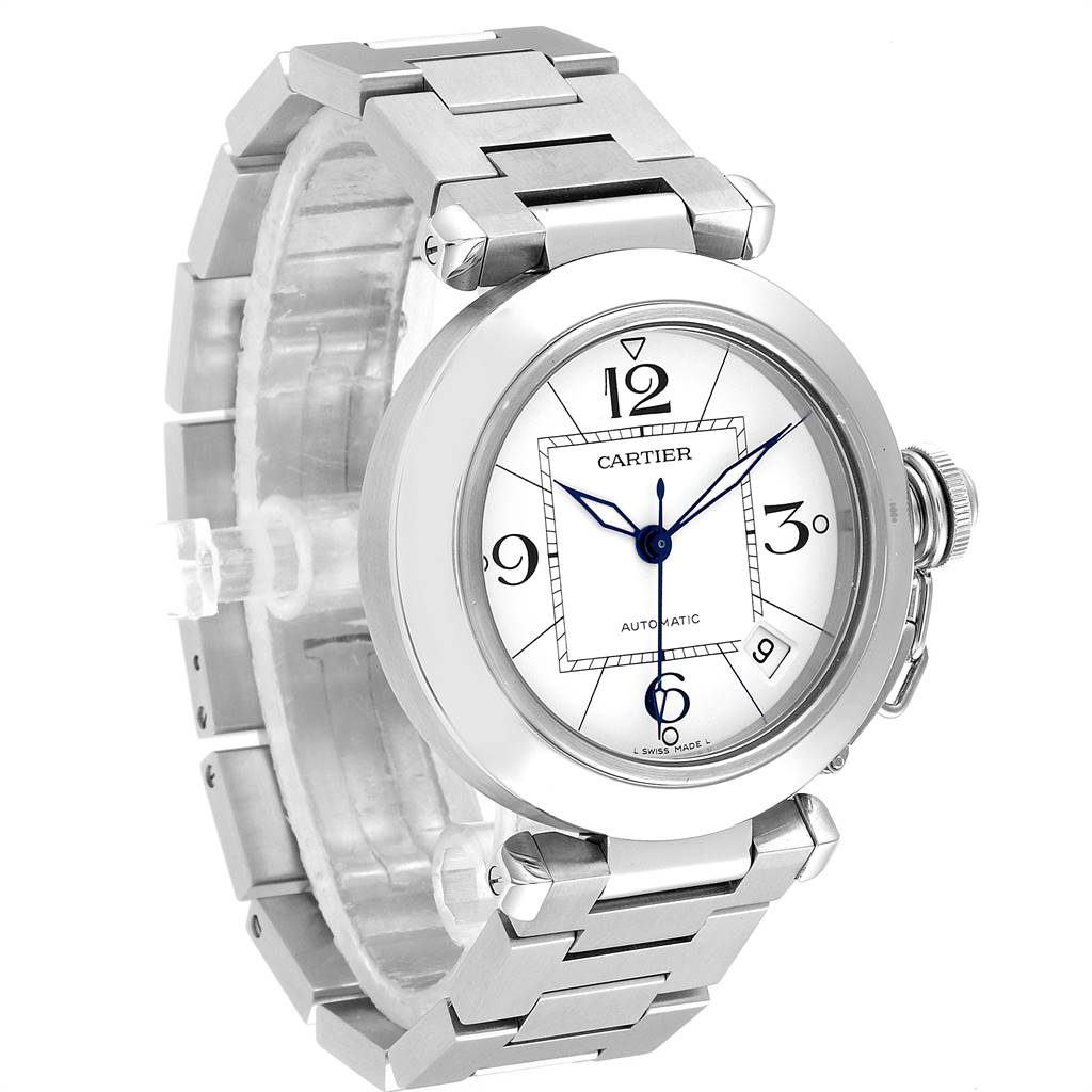 This image shows a Cartier Pasha W31074M7 Stainless Steel White Dial W31074M7 Stainless Steel White Dial watch from an oblique angle, highlighting the face, bezel, crown, and stainless steel bracelet.