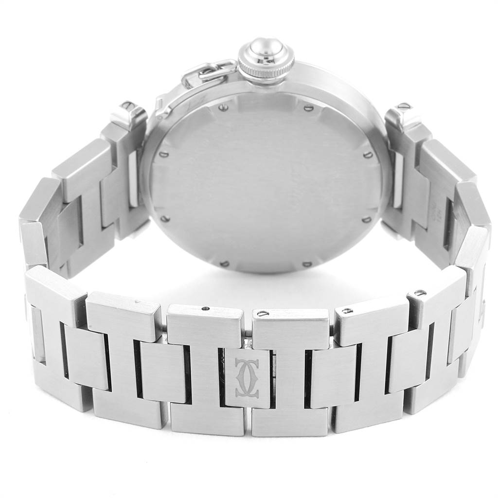The image shows the back view of a Cartier Pasha W31074M7 Stainless Steel White Dial W31074M7 Stainless Steel White Dial watch, highlighting the case, crown, and bracelet.