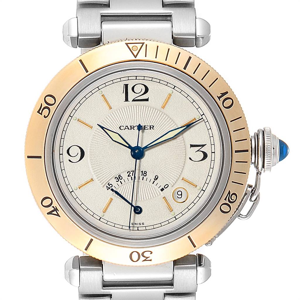 The image shows a front view of the Cartier Pasha W31012H3 Men's Stainless Steel Silver Dial W31012H3 Men's Stainless Steel Silver Dial model watch, displaying the face, bezel, and part of the metal bracelet.