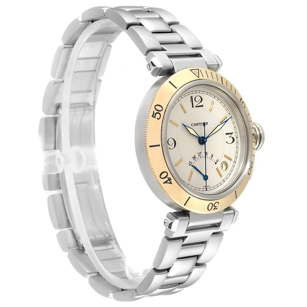 The image shows a side view of the Cartier Pasha W31012H3 Men's Stainless Steel Silver Dial W31012H3 Men's Stainless Steel Silver Dial watch displaying the face and metal band.