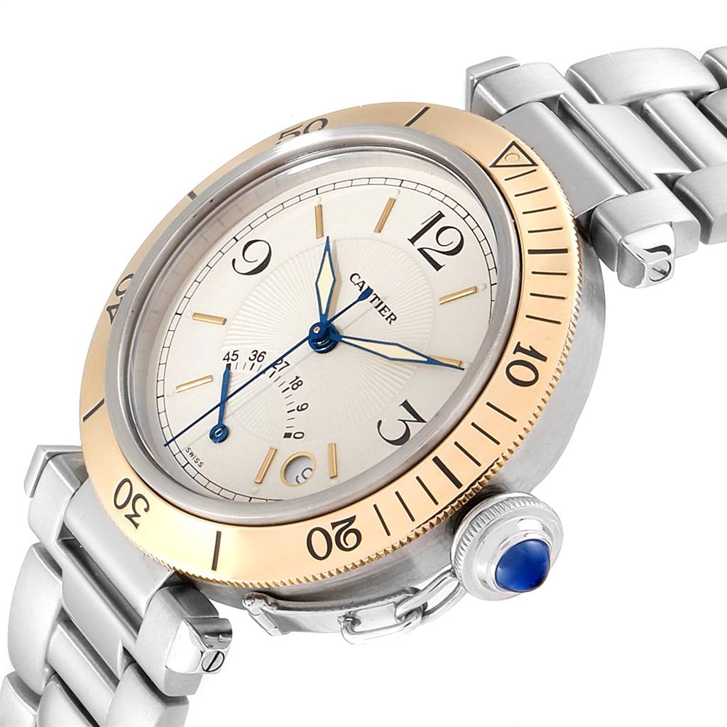 This image shows a close-up angle of the Cartier Pasha W31012H3 Men's Stainless Steel Silver Dial W31012H3 Men's Stainless Steel Silver Dial watch, highlighting its dial, bezel, and crown.