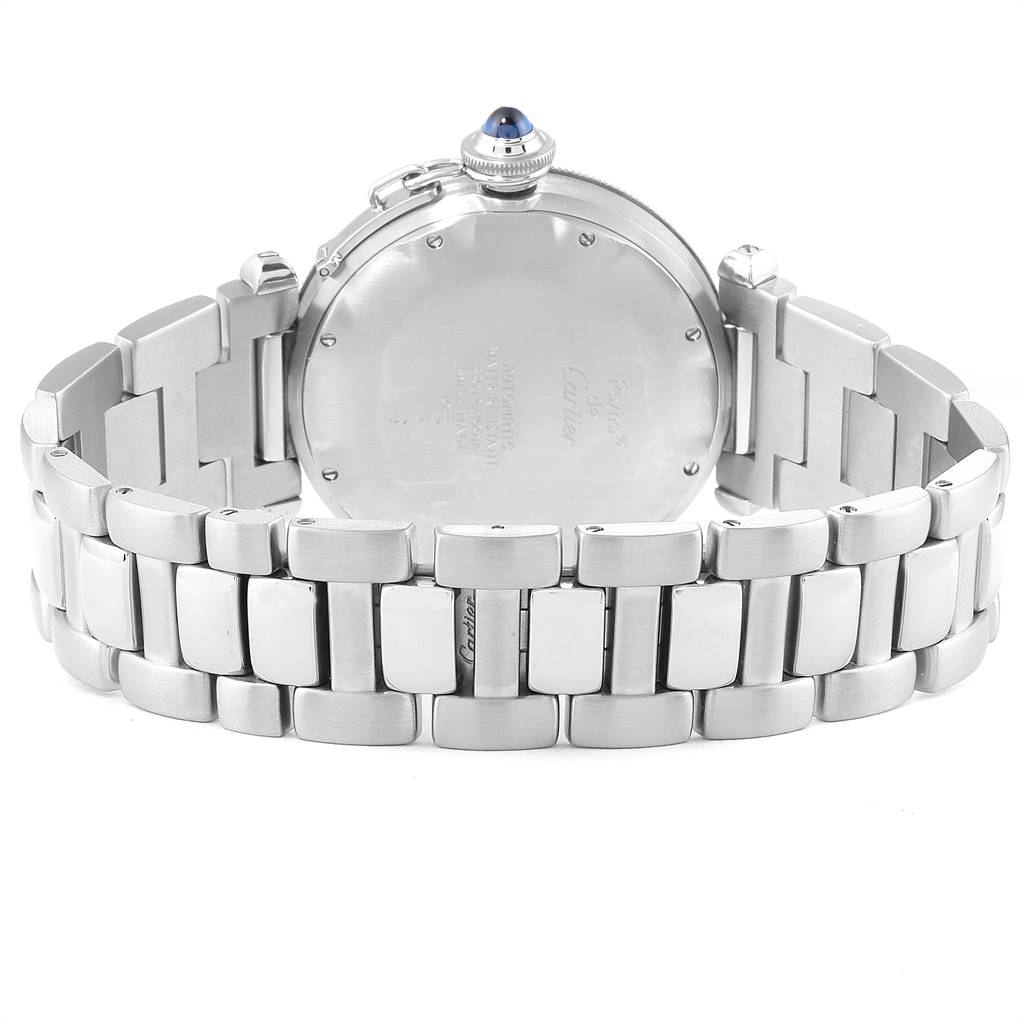 The image shows the back view of a Cartier Pasha W31012H3 Men's Stainless Steel Silver Dial W31012H3 Men's Stainless Steel Silver Dial watch, highlighting its bracelet and case back.