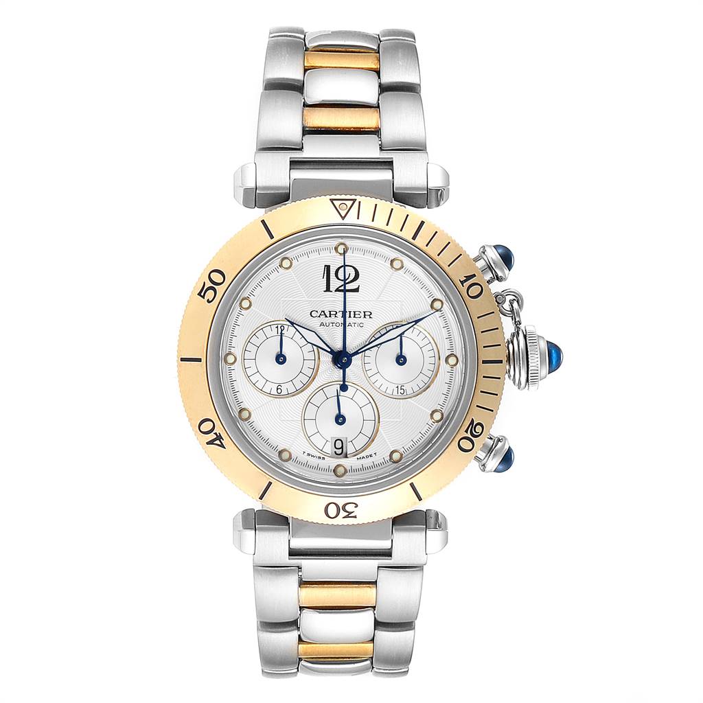 The Cartier Pasha W31036T6 Men's Stainless Steel Silver Dial W31036T6 Men's Stainless Steel Silver Dial model watch is shown from a top-down angle, highlighting the gold bezel, chronograph subdials, bracelet, and crown.