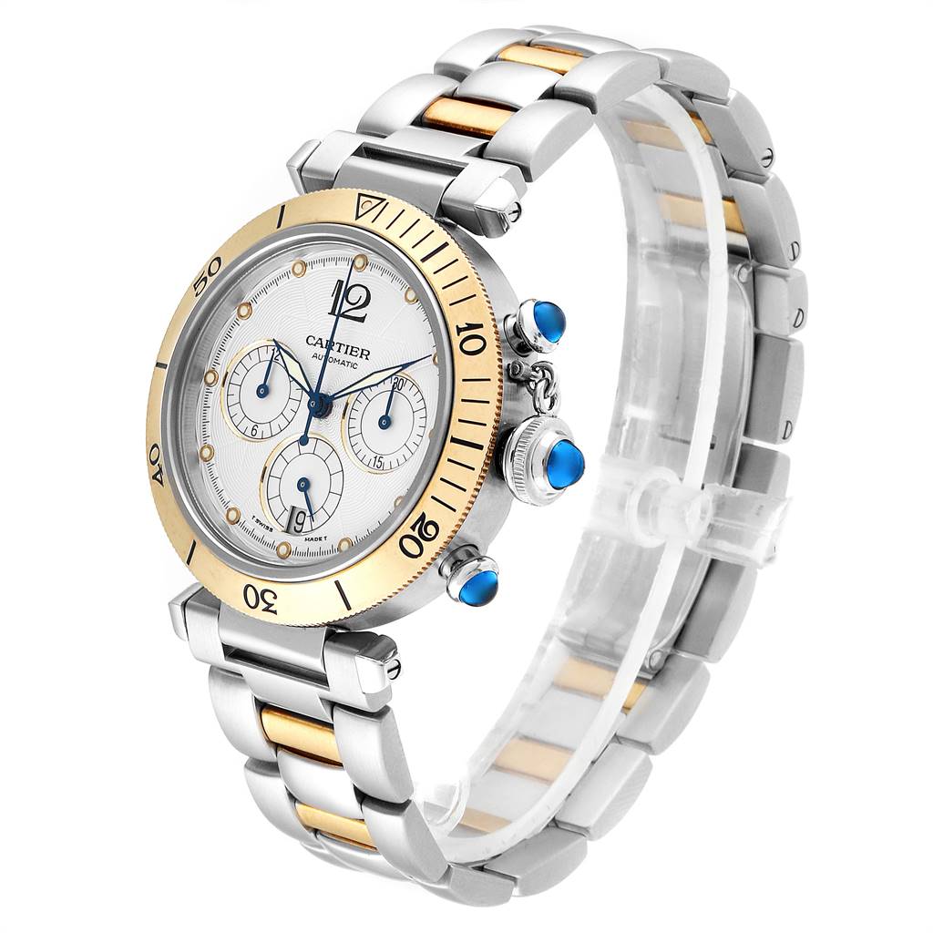 The image shows a side view of a Cartier Pasha W31036T6 Men's Stainless Steel Silver Dial W31036T6 Men's Stainless Steel Silver Dial model watch, highlighting its bracelet, dial, and bezel.