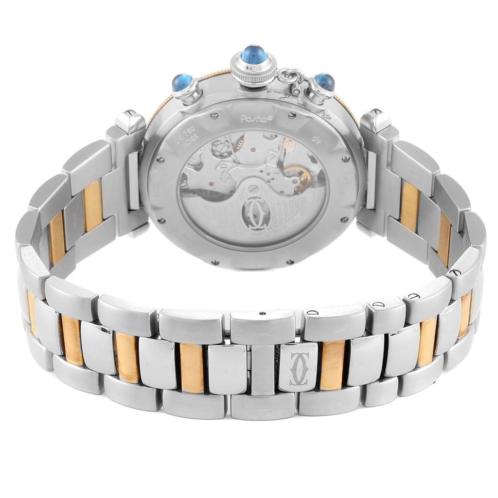 The image shows the back view of a Cartier Pasha W31036T6 Men's Stainless Steel Silver Dial W31036T6 Men's Stainless Steel Silver Dial watch, highlighting its transparent case back and two-tone bracelet.