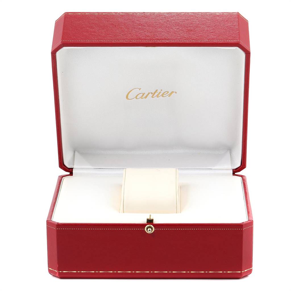 The image shows an open Cartier box, likely for a Pasha model watch, displaying the brand name inside.