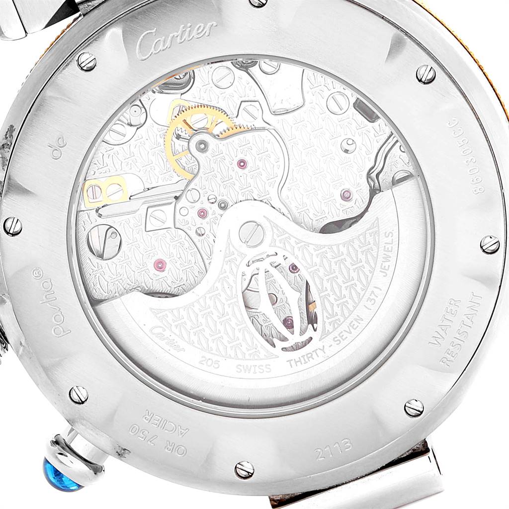 This image shows the back of the Cartier Pasha W31036T6 Men's Stainless Steel Silver Dial W31036T6 Men's Stainless Steel Silver Dial watch, revealing its internal mechanism and intricate details.