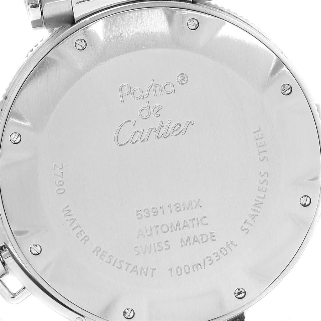 The image shows the back case of a Cartier Pasha W31080M7 Men's Stainless Steel Silver Dial W31080M7 Men's Stainless Steel Silver Dial watch, highlighting the brand name, model details, and specifications.