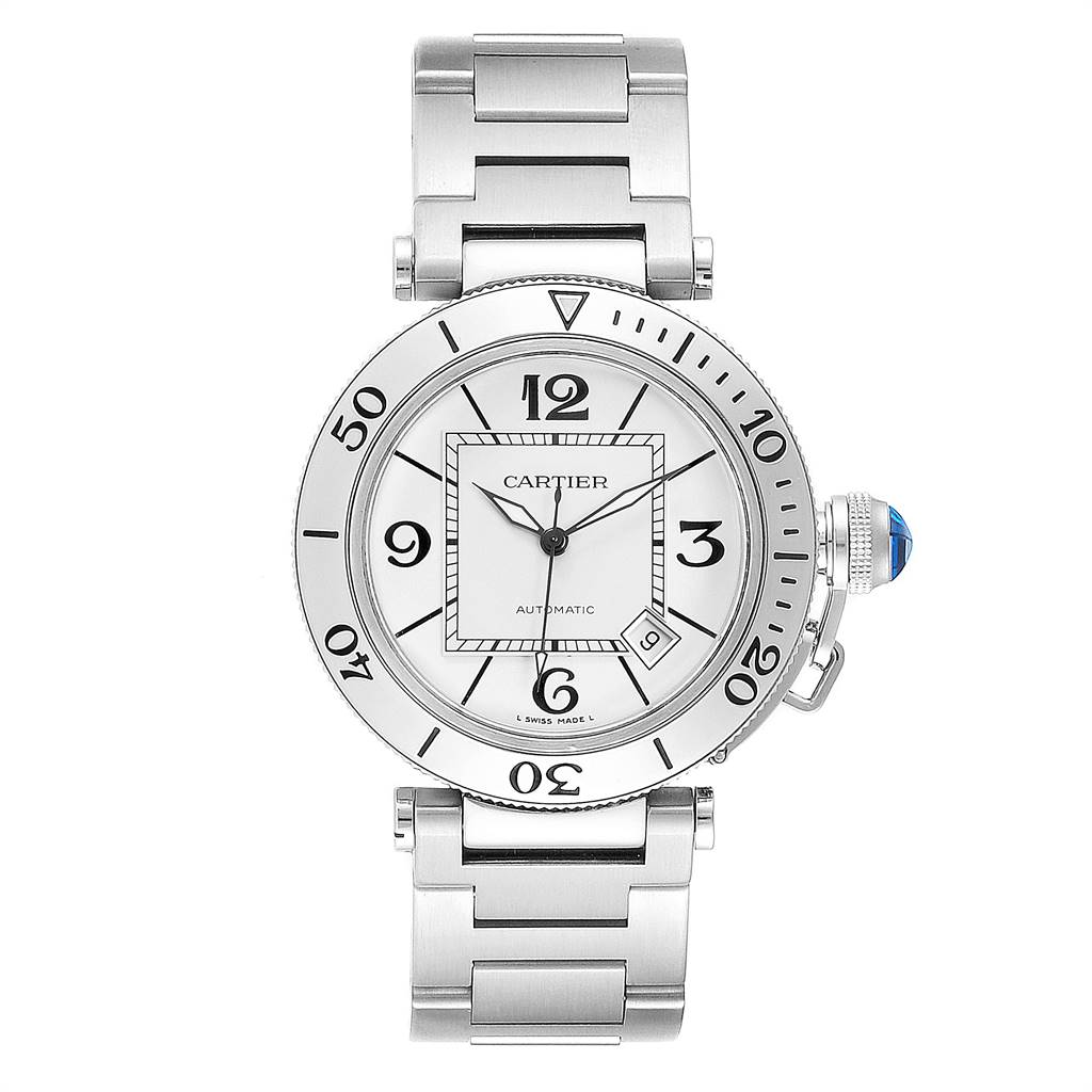 This image shows a front view of the Cartier Pasha W31080M7 Men's Stainless Steel Silver Dial W31080M7 Men's Stainless Steel Silver Dial watch, displaying its face, bezel, and bracelet.