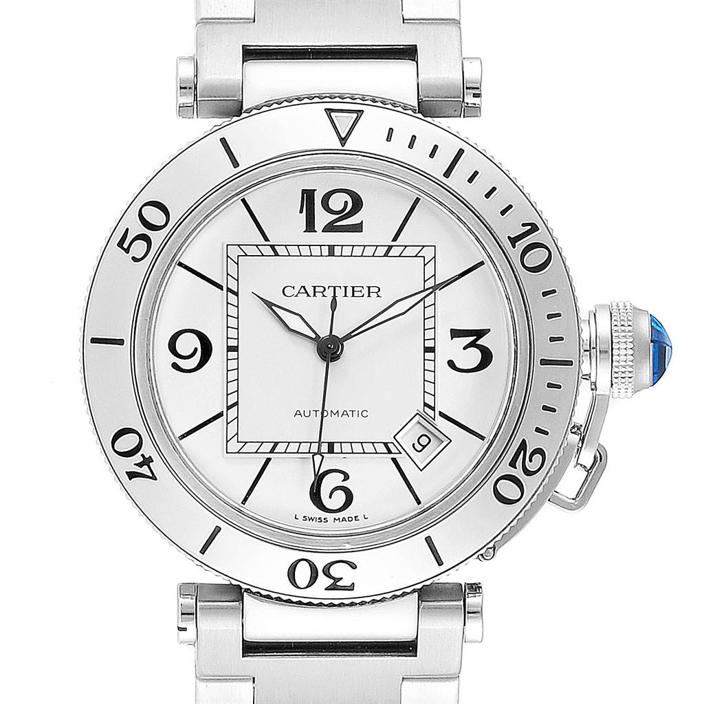 This image shows a frontal view of the Cartier Pasha W31080M7 Men's Stainless Steel Silver Dial W31080M7 Men's Stainless Steel Silver Dial watch, displaying its dial, bezel, hands, and crown.