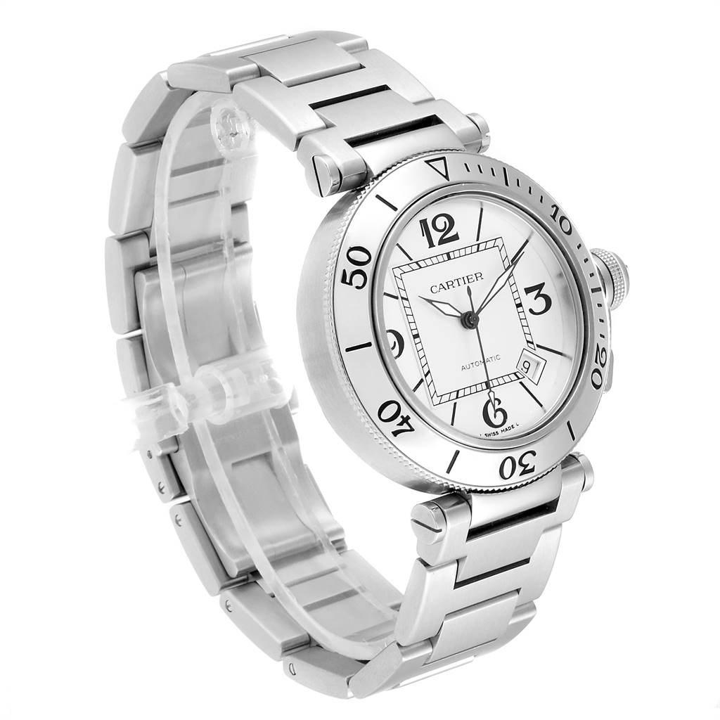 The image shows a three-quarter view of the Cartier Pasha W31080M7 Men's Stainless Steel Silver Dial W31080M7 Men's Stainless Steel Silver Dial watch, highlighting its face, bezel, bracelet, and crown.