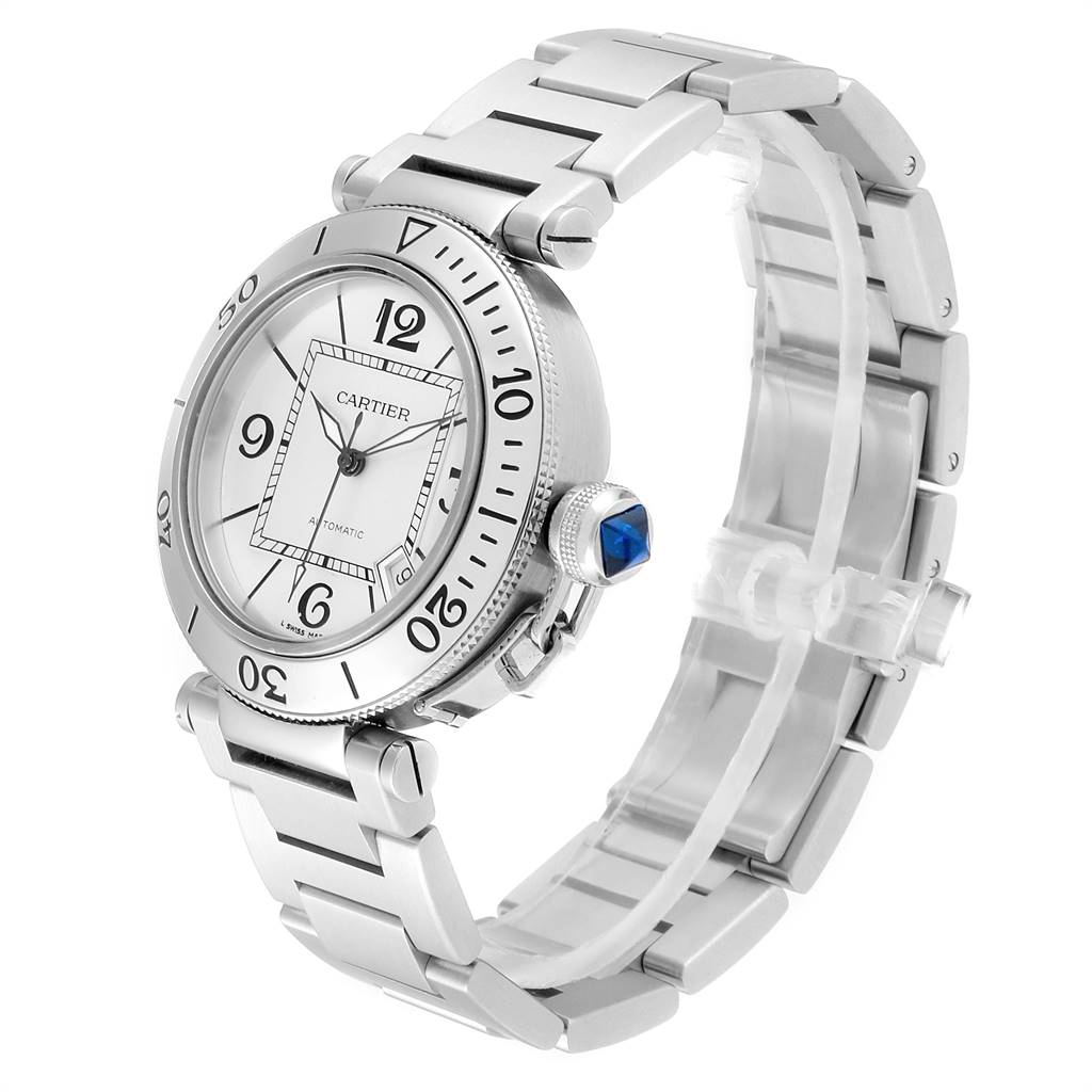 The Cartier Pasha W31080M7 Men's Stainless Steel Silver Dial W31080M7 Men's Stainless Steel Silver Dial watch is shown at a three-quarter angle displaying its face, bezel, crown, and metal bracelet.