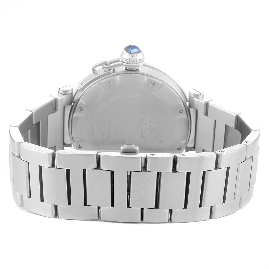 The image shows the back view of a Cartier Pasha W31080M7 Men's Stainless Steel Silver Dial W31080M7 Men's Stainless Steel Silver Dial model watch, highlighting its bracelet and case back.