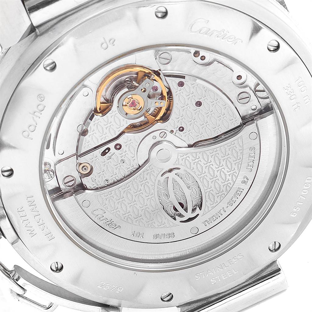 The image shows the back view of a Cartier Pasha W31059H3 Men
s Stainless Steel Silver Dial W31059H3 Men
s Stainless Steel Silver Dial model, highlighting its exposed mechanical movement and intricate detailing.