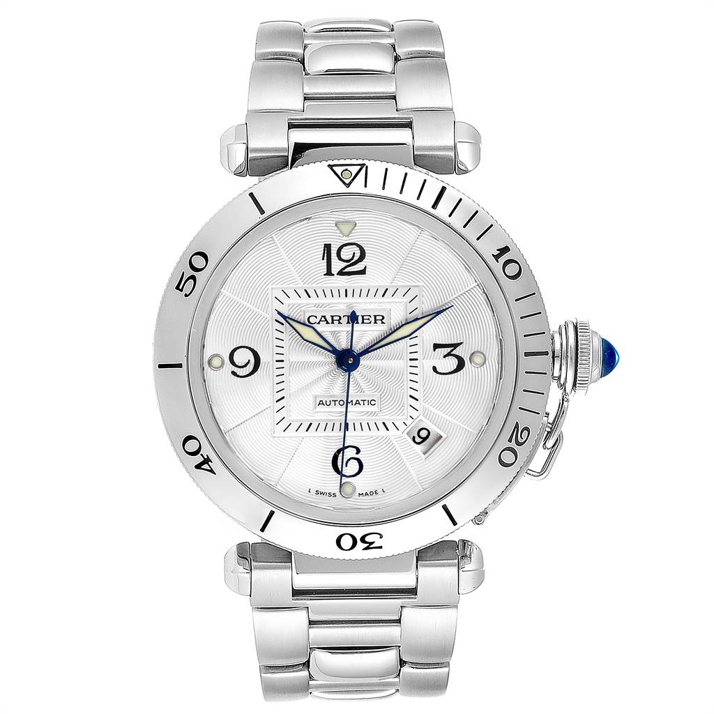 The image shows a Cartier Pasha W31059H3 Men
s Stainless Steel Silver Dial W31059H3 Men
s Stainless Steel Silver Dial watch with a full frontal view, displaying the dial, bracelet, and crown.