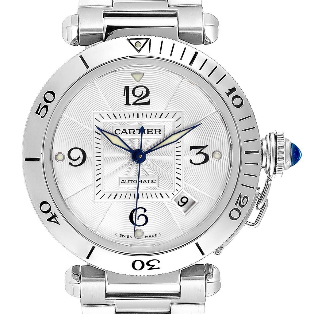 The image shows a Cartier Pasha W31059H3 Men
s Stainless Steel Silver Dial W31059H3 Men
s Stainless Steel Silver Dial model watch from a frontal angle, highlighting its dial, bezel, and bracelet.