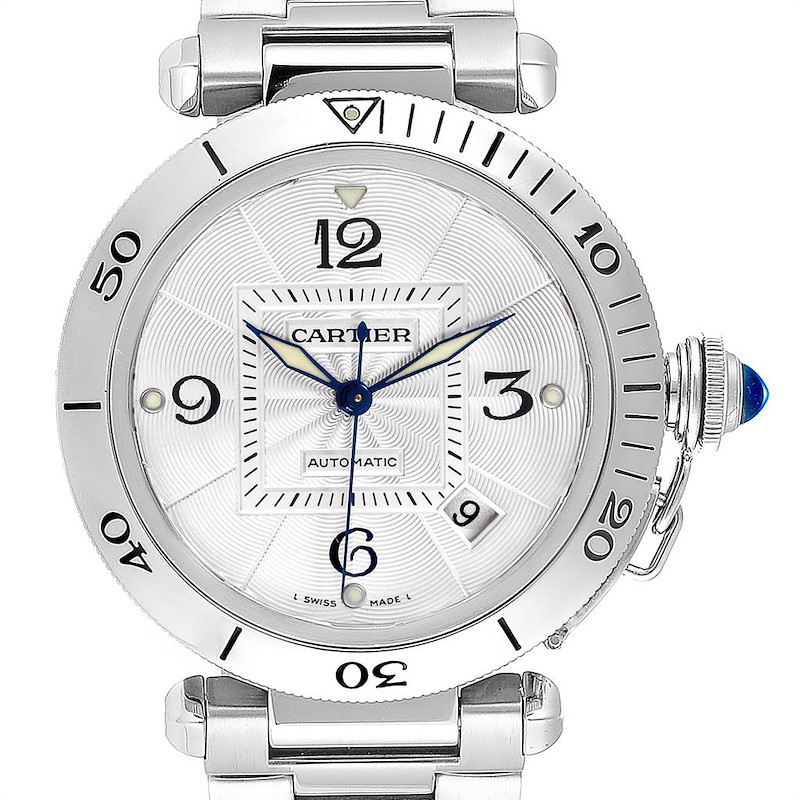 Cartier Pasha 38mm Silver Dial Steel Grid Unisex Watch W31059H3 SwissWatchExpo