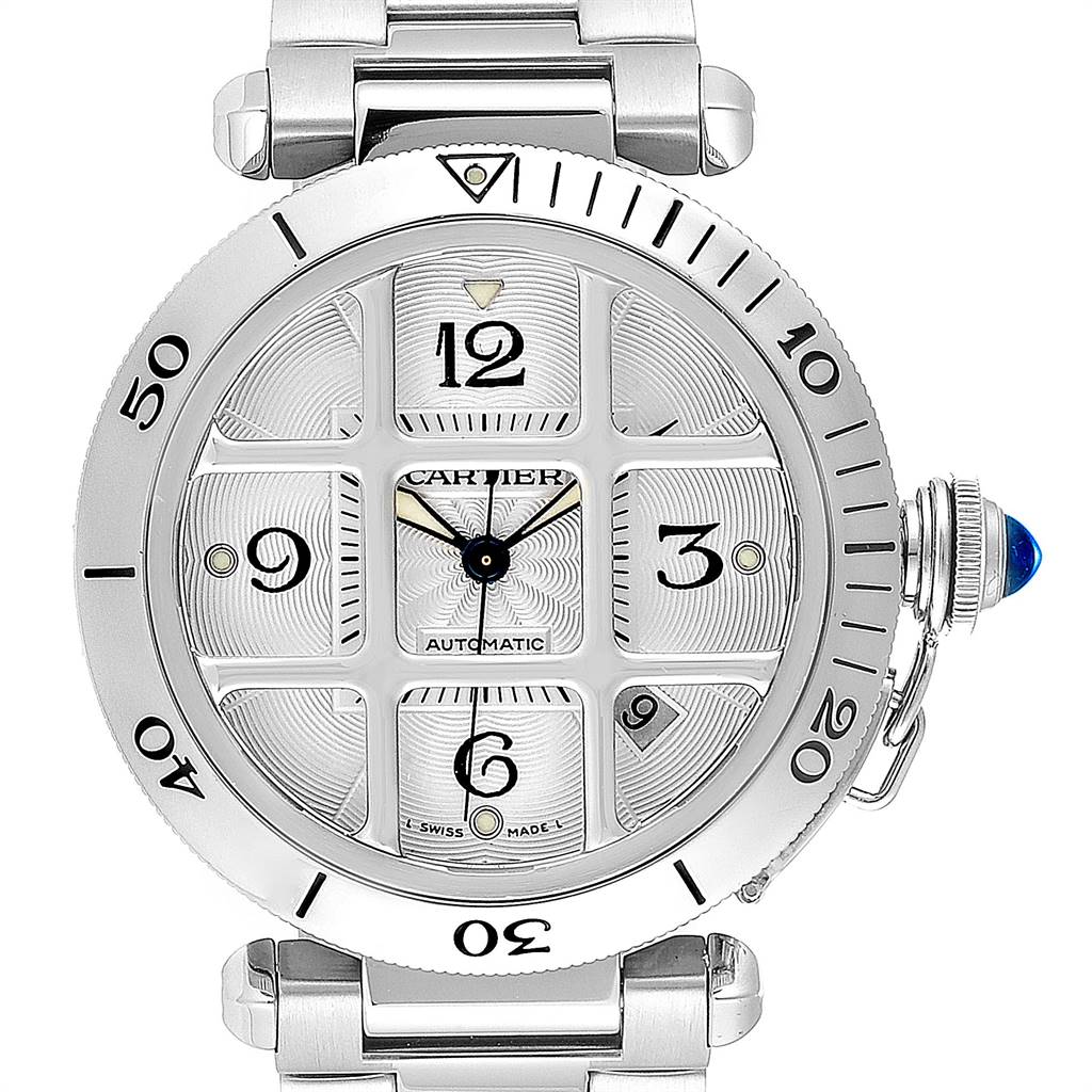 The image shows a front view of the Cartier Pasha W31059H3 Men
s Stainless Steel Silver Dial W31059H3 Men
s Stainless Steel Silver Dial model watch, highlighting its dial, bezel, and part of the watch band.