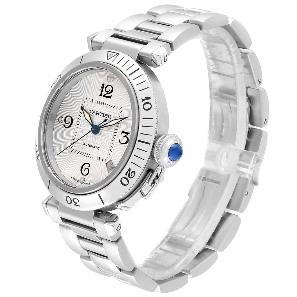 The image shows a side-angle view of a Cartier Pasha W31059H3 Men
s Stainless Steel Silver Dial W31059H3 Men
s Stainless Steel Silver Dial watch, highlighting its face, bezel, crown, and metal bracelet.
