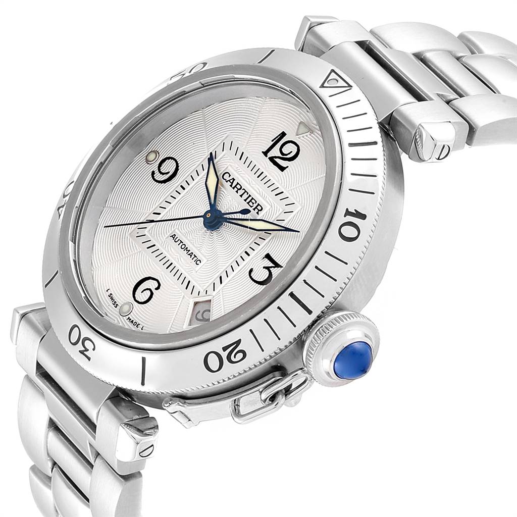 This image shows a Cartier Pasha W31059H3 Men
s Stainless Steel Silver Dial W31059H3 Men
s Stainless Steel Silver Dial watch at an angled, close-up view focusing on the dial, bezel, crown, and part of the bracelet.