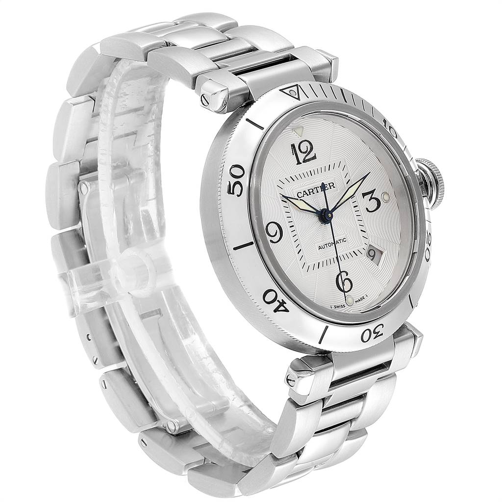 The image shows a Cartier Pasha W31059H3 Men
s Stainless Steel Silver Dial W31059H3 Men
s Stainless Steel Silver Dial watch from a left side angle, highlighting the watch face, bezel, and metal bracelet.