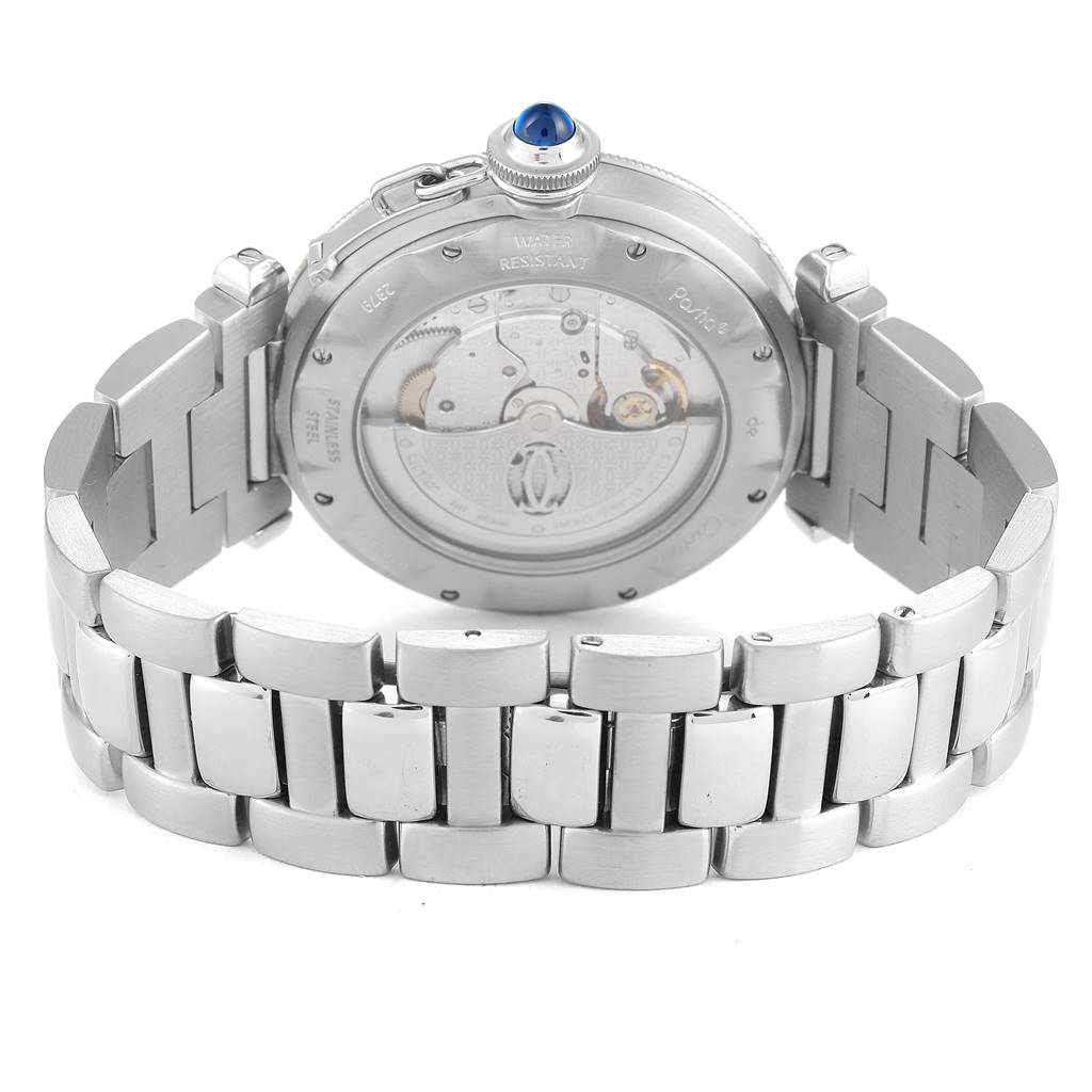 The image shows the back view of a Cartier Pasha W31059H3 Men
s Stainless Steel Silver Dial W31059H3 Men
s Stainless Steel Silver Dial watch, highlighting its stainless steel bracelet and transparent case back.