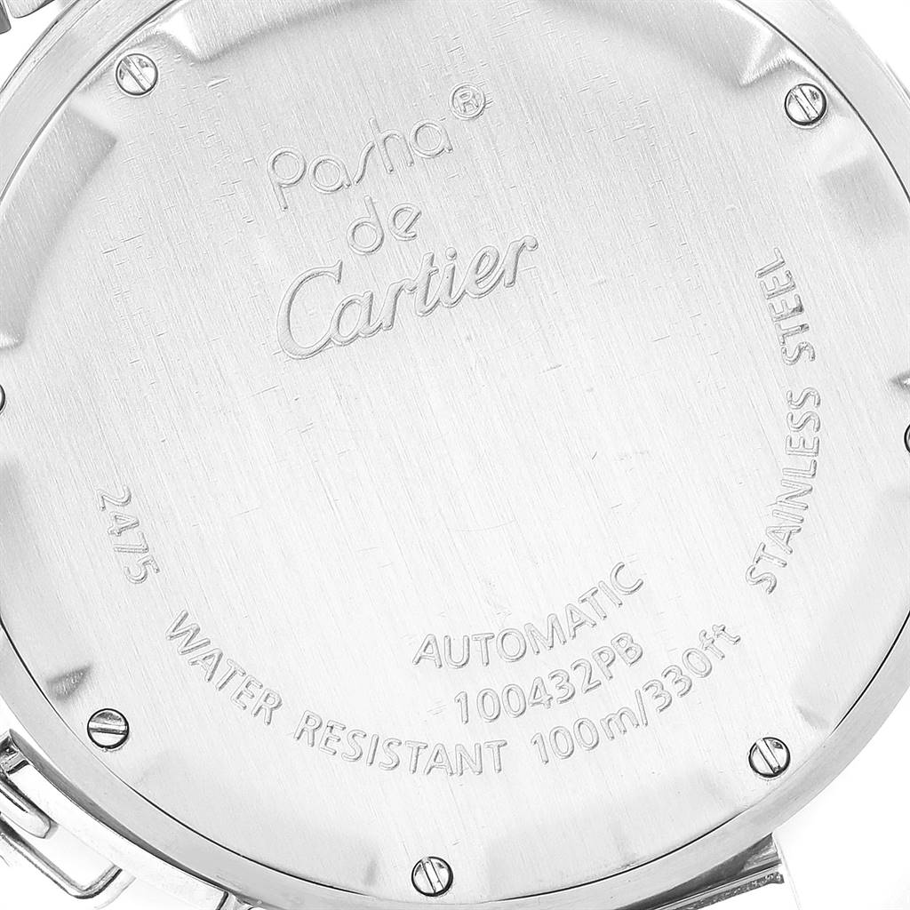 The image shows the back case of a Cartier Pasha W31044M7 Women's Stainless Steel White Dial W31044M7 Women's Stainless Steel White Dial watch, displaying several engravings including branding and specifications.