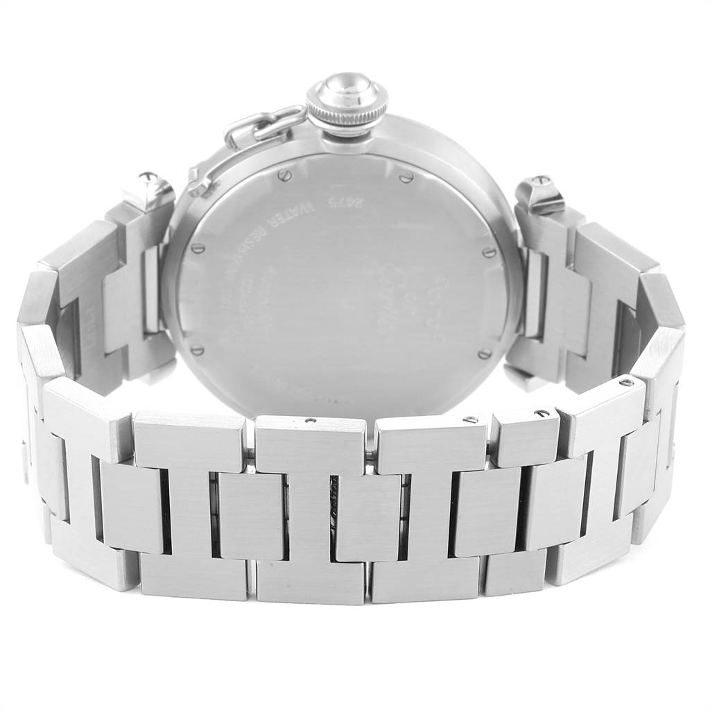 The image shows the back case and bracelet of a Cartier Pasha W31044M7 Women's Stainless Steel White Dial W31044M7 Women's Stainless Steel White Dial watch from a rear angle.
