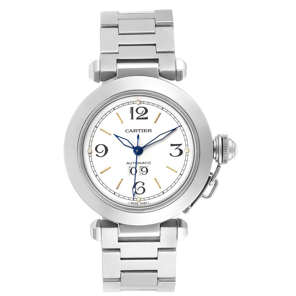 This image shows a front view of the Cartier Pasha W31044M7 Women's Stainless Steel White Dial W31044M7 Women's Stainless Steel White Dial model watch, displaying the face, bracelet, and crown.