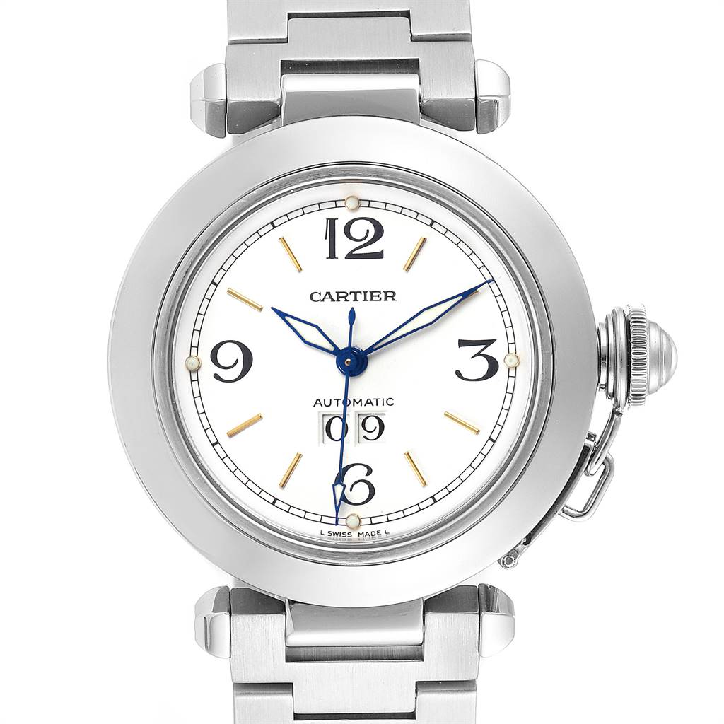 The Cartier Pasha W31044M7 Women's Stainless Steel White Dial W31044M7 Women's Stainless Steel White Dial watch is shown from a front angle, displaying its dial, hands, bezel, crown, and part of the bracelet.