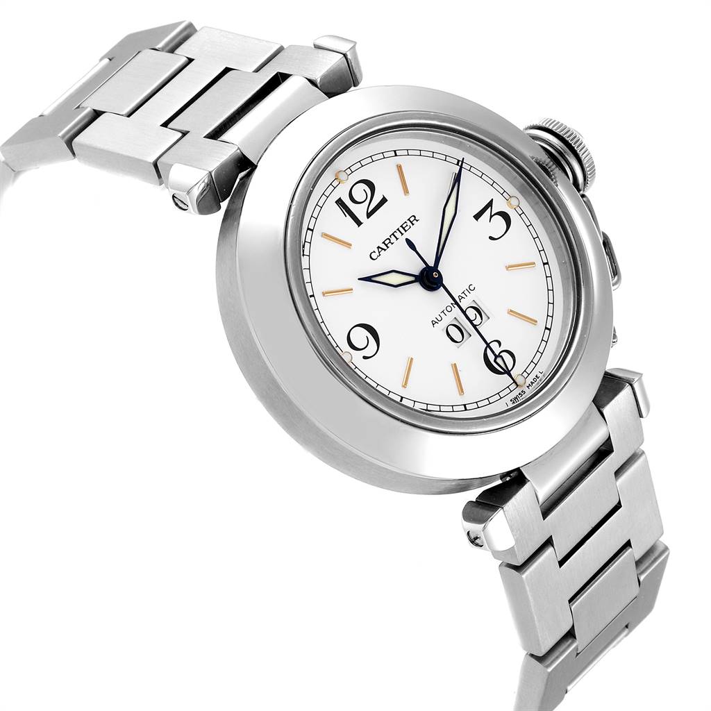 The image shows a Cartier Pasha W31044M7 Women's Stainless Steel White Dial W31044M7 Women's Stainless Steel White Dial watch at an angle highlighting its face, bezel, and part of the bracelet.