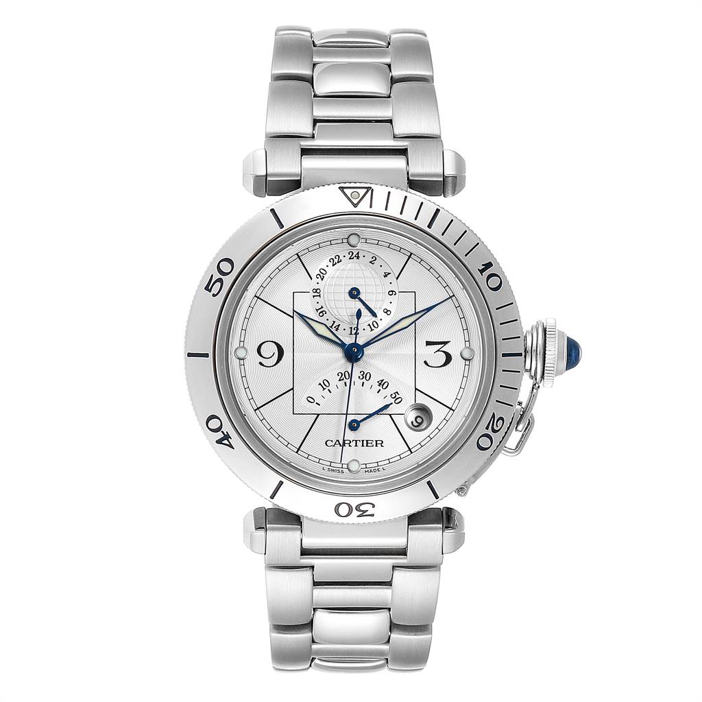 This image shows a front view of a Cartier Pasha W31037H3 Men
s Stainless Steel Silver Dial W31037H3 Men
s Stainless Steel Silver Dial model watch, featuring its face, bezel, and steel bracelet.