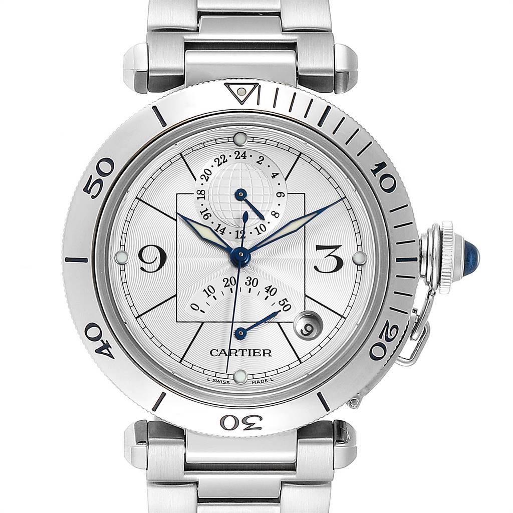 This image shows a frontal view of the Cartier Pasha W31037H3 Men
s Stainless Steel Silver Dial W31037H3 Men
s Stainless Steel Silver Dial watch, displaying the dial, bezel, and part of the bracelet.