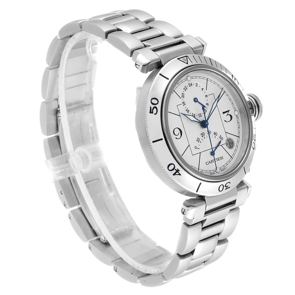 The image shows a side-angle view of the Cartier Pasha W31037H3 Men
s Stainless Steel Silver Dial W31037H3 Men
s Stainless Steel Silver Dial model watch, featuring its dial, bezel, crown, and metal bracelet.