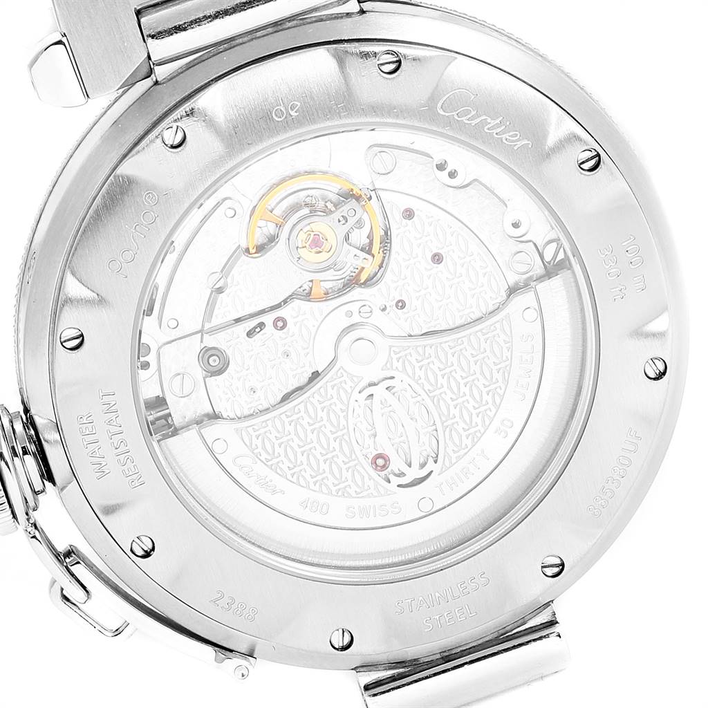 The image shows the back of a Cartier Pasha W31037H3 Men
s Stainless Steel Silver Dial W31037H3 Men
s Stainless Steel Silver Dial watch, highlighting its inner mechanisms and stainless steel case.