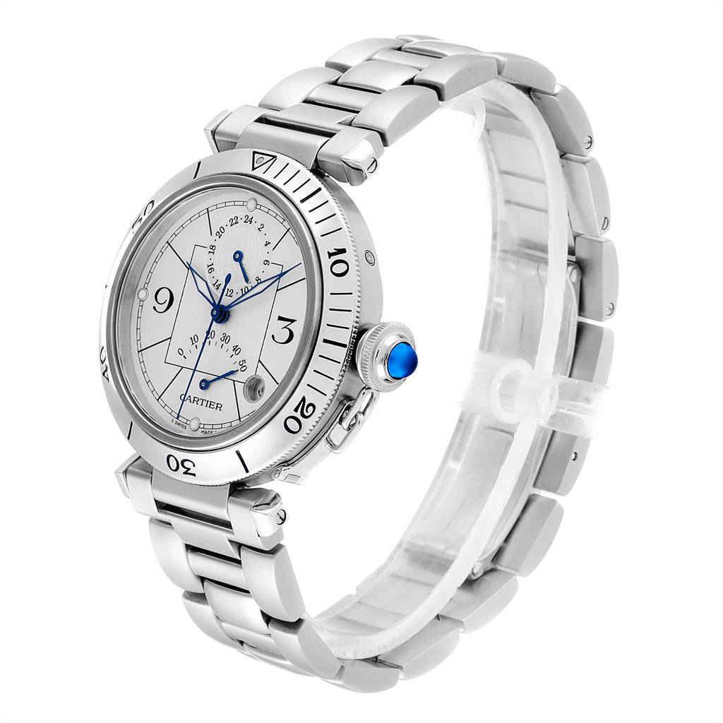 The image shows a side view of the Cartier Pasha W31037H3 Men
s Stainless Steel Silver Dial W31037H3 Men
s Stainless Steel Silver Dial watch, highlighting its face, bezel, bracelet, and crown.