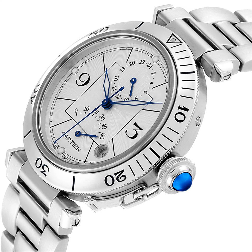 The image shows a Cartier Pasha W31037H3 Men
s Stainless Steel Silver Dial W31037H3 Men
s Stainless Steel Silver Dial watch at an angle displaying its face, bezel, crown, and stainless steel bracelet.