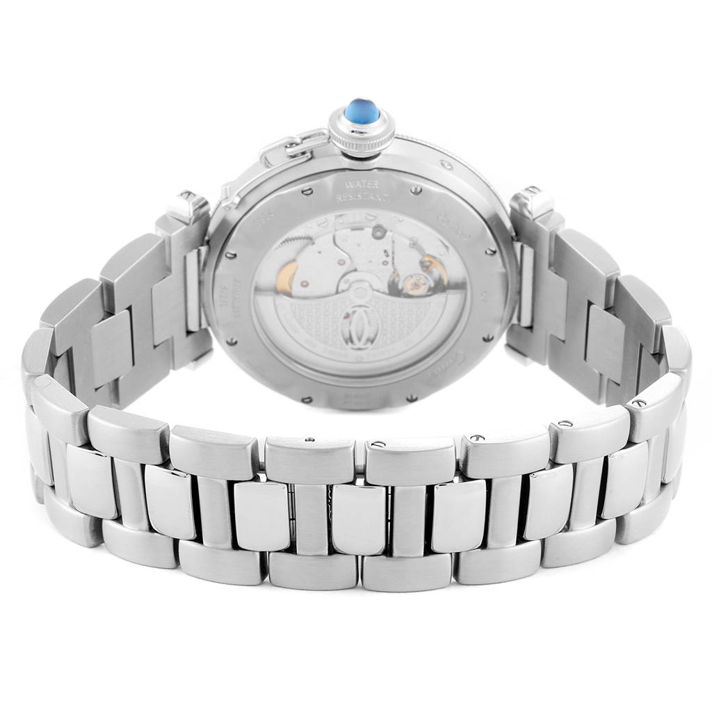 The image shows the back view of a Cartier Pasha W31037H3 Men
s Stainless Steel Silver Dial W31037H3 Men
s Stainless Steel Silver Dial watch, highlighting its stainless steel bracelet and exposed movement.