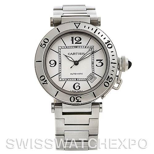 The image shows a front view of a Cartier Pasha W31080M7 Men's Stainless Steel White Dial W31080M7 Men's Stainless Steel White Dial model watch, displaying the face, bezel, and bracelet clearly.