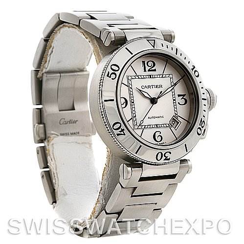 The Cartier Pasha W31080M7 Men's Stainless Steel White Dial W31080M7 Men's Stainless Steel White Dial model watch is angled to show its face and part of the bracelet, displaying its design and details.