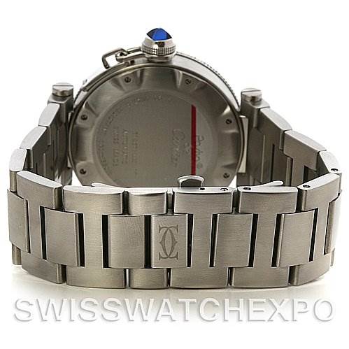 The image shows the back view of a Cartier Pasha W31080M7 Men's Stainless Steel White Dial W31080M7 Men's Stainless Steel White Dial watch, focusing on the stainless steel bracelet band and case back.