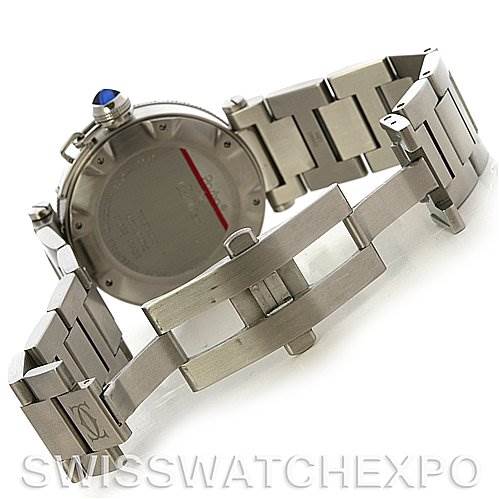 The image shows the back case, bracelet, and clasp of a Cartier Pasha W31080M7 Men's Stainless Steel White Dial W31080M7 Men's Stainless Steel White Dial watch at an angle displaying the rear and partial side view.