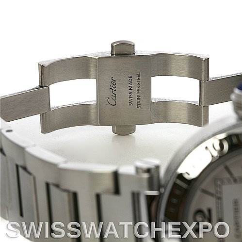 This image features the stainless steel clasp and part of the bracelet of a Cartier Pasha W31080M7 Men's Stainless Steel White Dial W31080M7 Men's Stainless Steel White Dial watch.