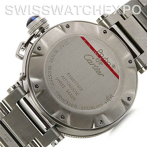 This image shows the back case and bracelet of the Cartier Pasha W31080M7 Men's Stainless Steel White Dial W31080M7 Men's Stainless Steel White Dial watch, highlighting details like the inscription and waterproof rating.