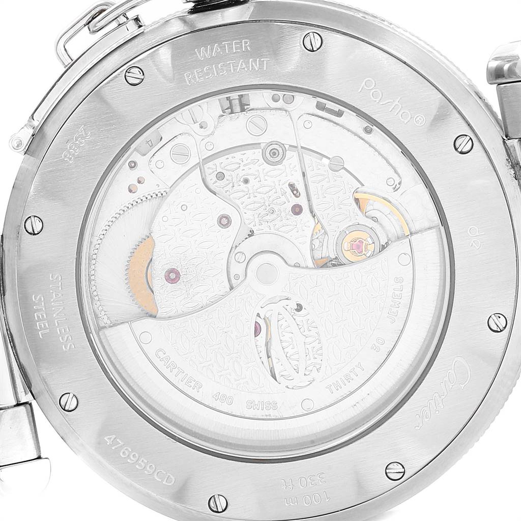 This image shows the back of the Cartier Pasha W31037H3 Men
s Stainless Steel Silver Dial W31037H3 Men
s Stainless Steel Silver Dial watch, highlighting the movement and engravings.