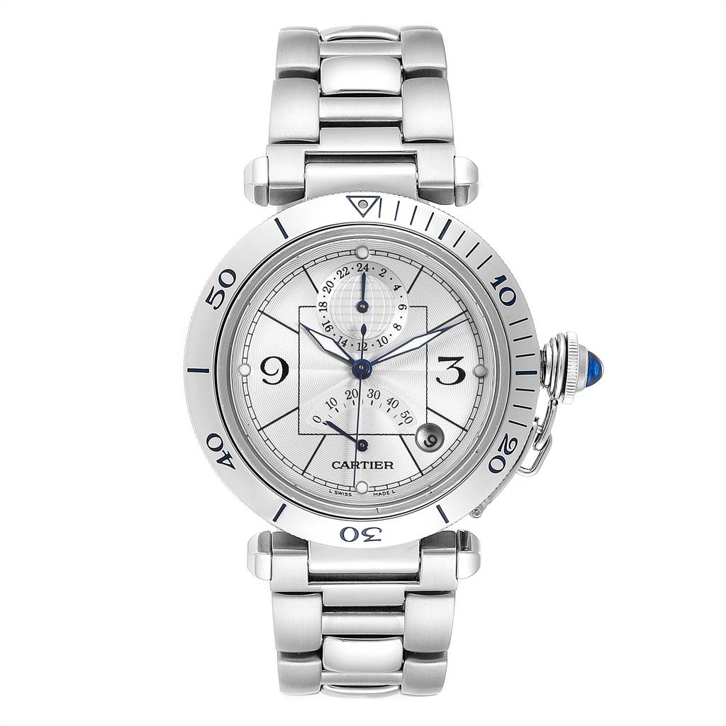 This image shows a front view of the Cartier Pasha W31037H3 Men
s Stainless Steel Silver Dial W31037H3 Men
s Stainless Steel Silver Dial watch, featuring its bezel, dial, and stainless steel bracelet.