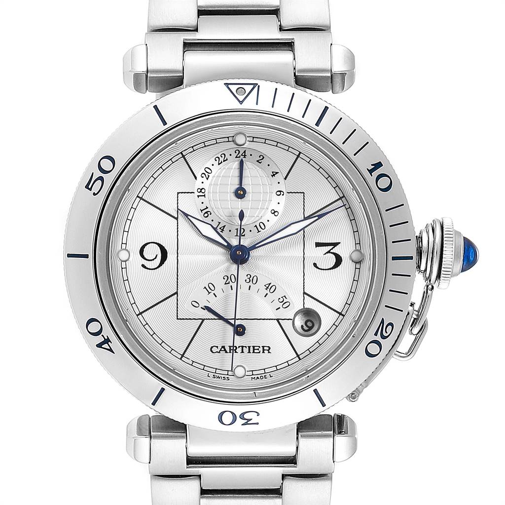 The image shows a Pasha de Cartier watch face and part of the bracelet, displaying its chronograph dials and date window.