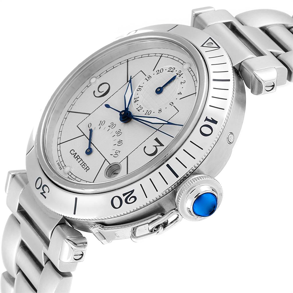 The image shows a Cartier Pasha W31037H3 Men
s Stainless Steel Silver Dial W31037H3 Men
s Stainless Steel Silver Dial model watch from an angled side view, displaying the dial, bezel, and part of the bracelet.
