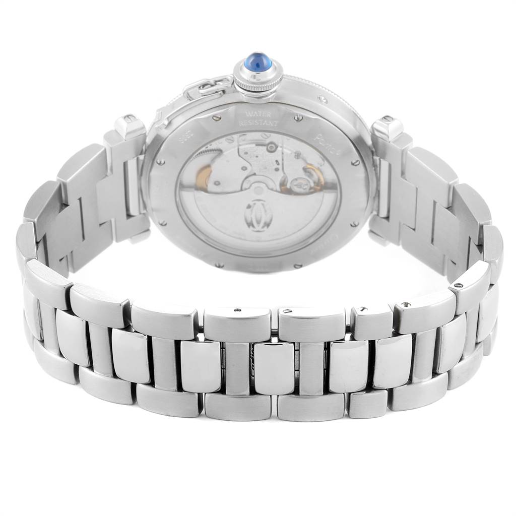 This image shows the back view of the Cartier Pasha W31037H3 Men
s Stainless Steel Silver Dial W31037H3 Men
s Stainless Steel Silver Dial watch, highlighting its stainless steel bracelet and movement.