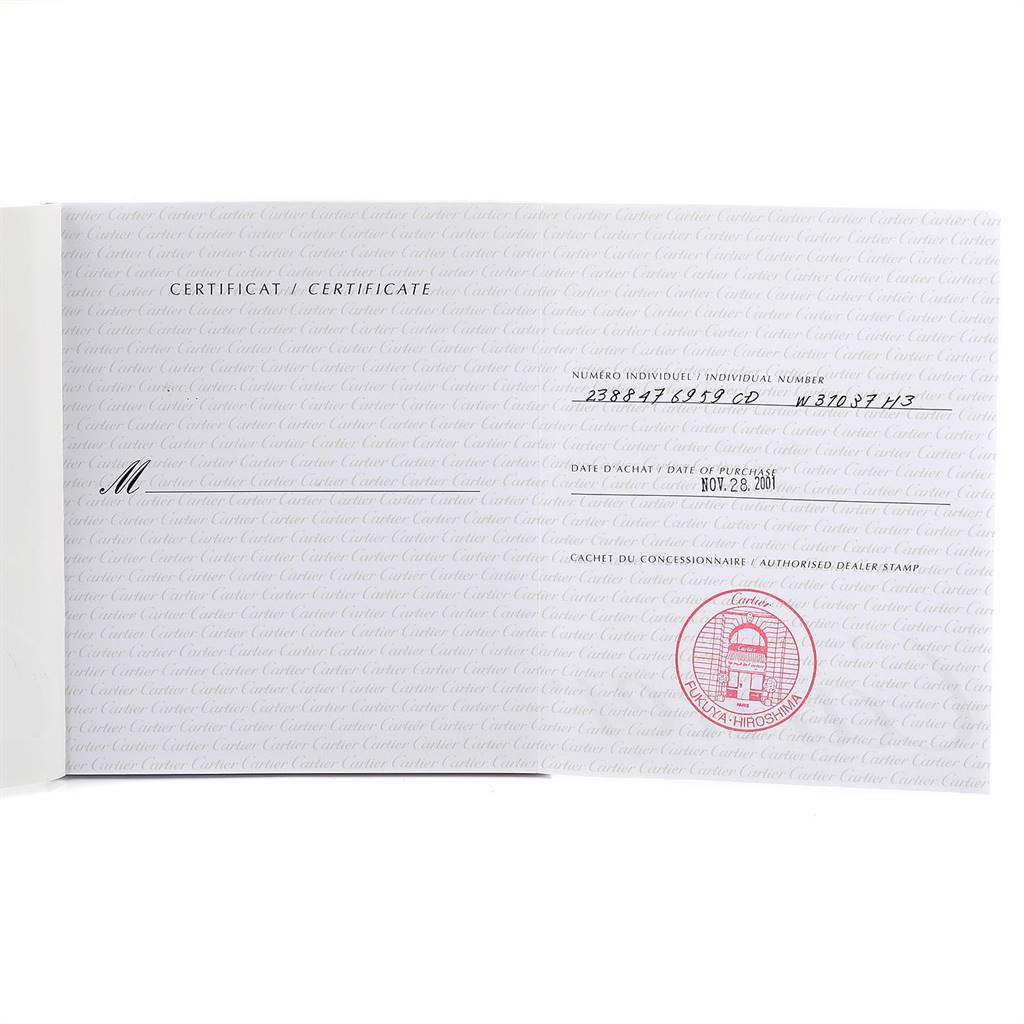 This image shows the certificate for the Cartier Pasha W31037H3 Men
s Stainless Steel Silver Dial W31037H3 Men
s Stainless Steel Silver Dial watch, detailing purchase information and dealer stamp.